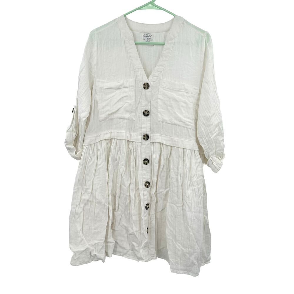 Mudpie Size Small Button Up Dress White 100% Cotton Flowy Summer Spring